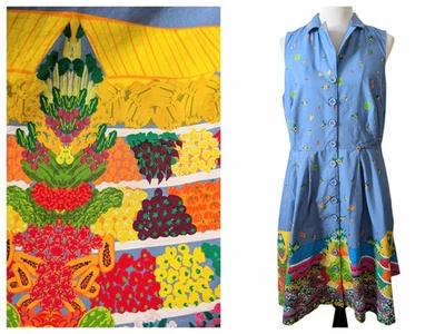 ModCloth Womens Size 1X Blue Farmers Market Fruit Veggies Fit Flare Dress Flaw - Image 1 of 4