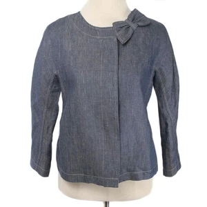 TALBOTS Dark Blue Linen Chambray Bow Detail Button Jacket Size Women's 6 - Picture 1 of 5