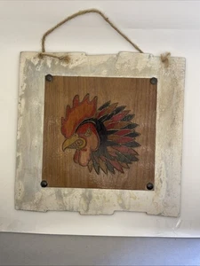 ENGRAVED HAND PAINTED WOOD SIGN Salvage ART ABSTRACT PLAQUE Gamecock Rooster - Picture 1 of 10