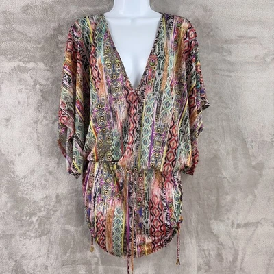 Luli Fama Cover Up Womens Size Small Multicolor Boho Printed Drawstring Tunic - Image 1 of 4