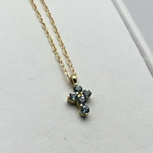 14K Yellow Aquamarine Cross Necklace with 18" Rope Chain 11.5 x 6 mm - Picture 1 of 6