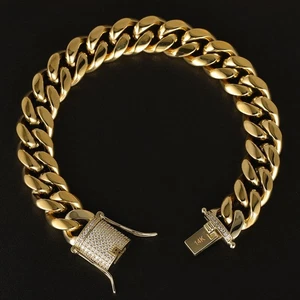 7.5mm Miami Cuban Link Chain Box Lock Bracelet 14K Yellow Gold Plated - Picture 1 of 7