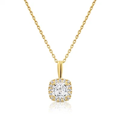 14K Real Solid Yellow Gold Cushion-Cut Halo CZ Pendant Charm Necklace 18 in - Image 1 of 4