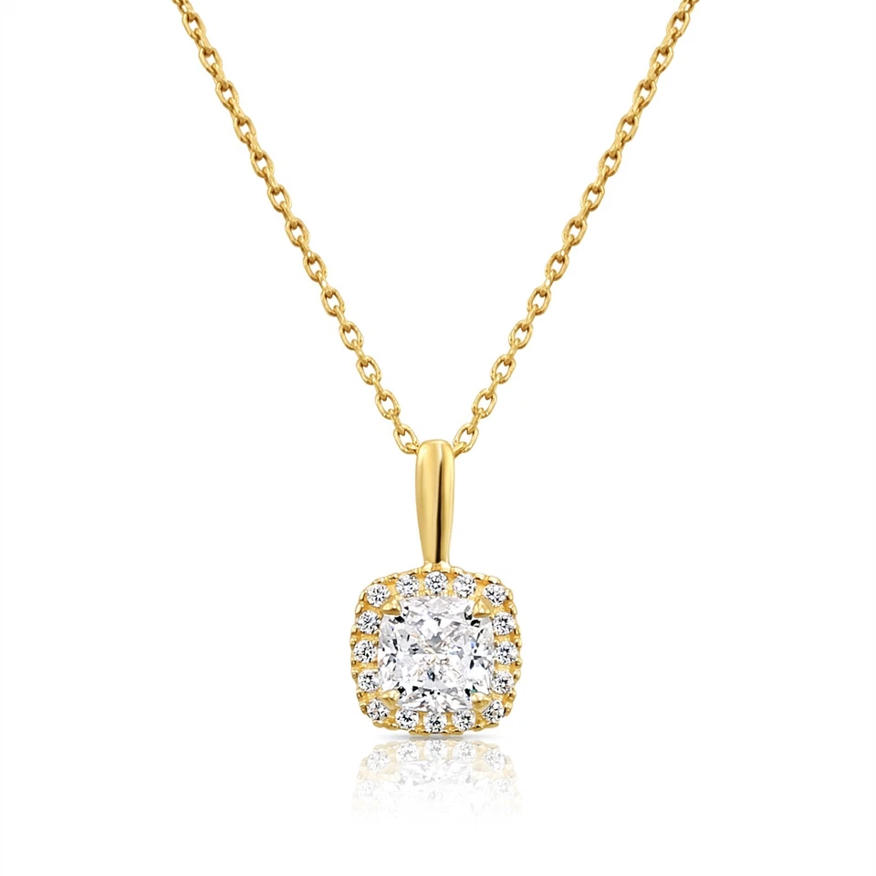 14K Real Solid Yellow Gold Cushion-Cut Halo CZ Pendant Charm Necklace 18 in - Image 1 of 4