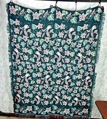 Goodwin Weavers Tapestry Throw Hummingbirds Fringed Blanket 50x67 Cotton Vintage - Image 1 of 4