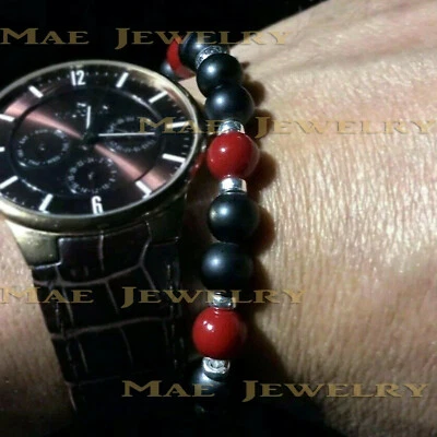 8mm Famous Brand Style Red/Black Stretch Bracelet Jade stone 925 Sterling Silver - Image 1 of 4