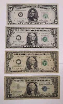 1950 $5 bill 1977 one dollar bill 1957 blue seal note 1981 $1 - Image 1 of 4