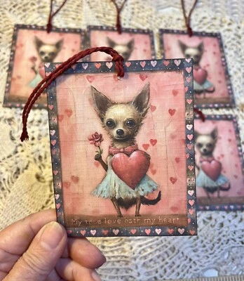 Juego de 6 etiquetas colgantes de cartulina de lino Chihuahua con corazones, arte popular, Chihuahua de San Valentín Foto 1 de 4