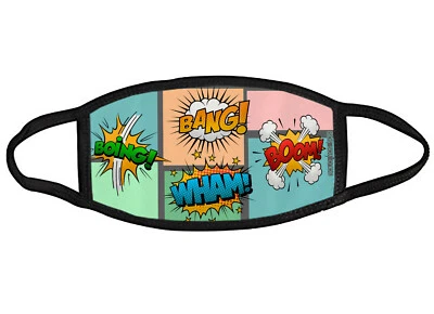 Comic book super hero cartoon sound effects fabric face mask OSFM Adults & Kids - Image 1 of 2