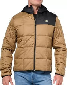 Lacoste Men's Colorblock Quilted Puffer Full Zip Hooded Jacket Brown/Black Large - Picture 1 of 15
