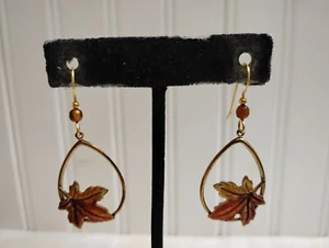 Orange Enameled GT Metal Maple Leaf Embossed Teardrop Dangle WirePierce Earrings - Picture 1 of 3