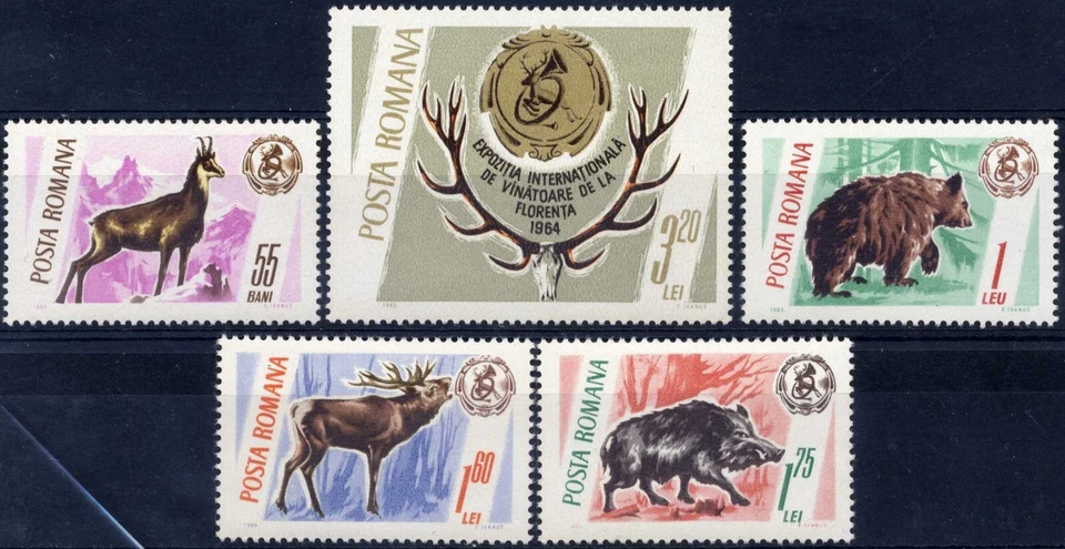 Rumania 1965 Trofeos de caza: cámara, ciervo, jabalí, oso MNH, OG c Foto 1 de 1