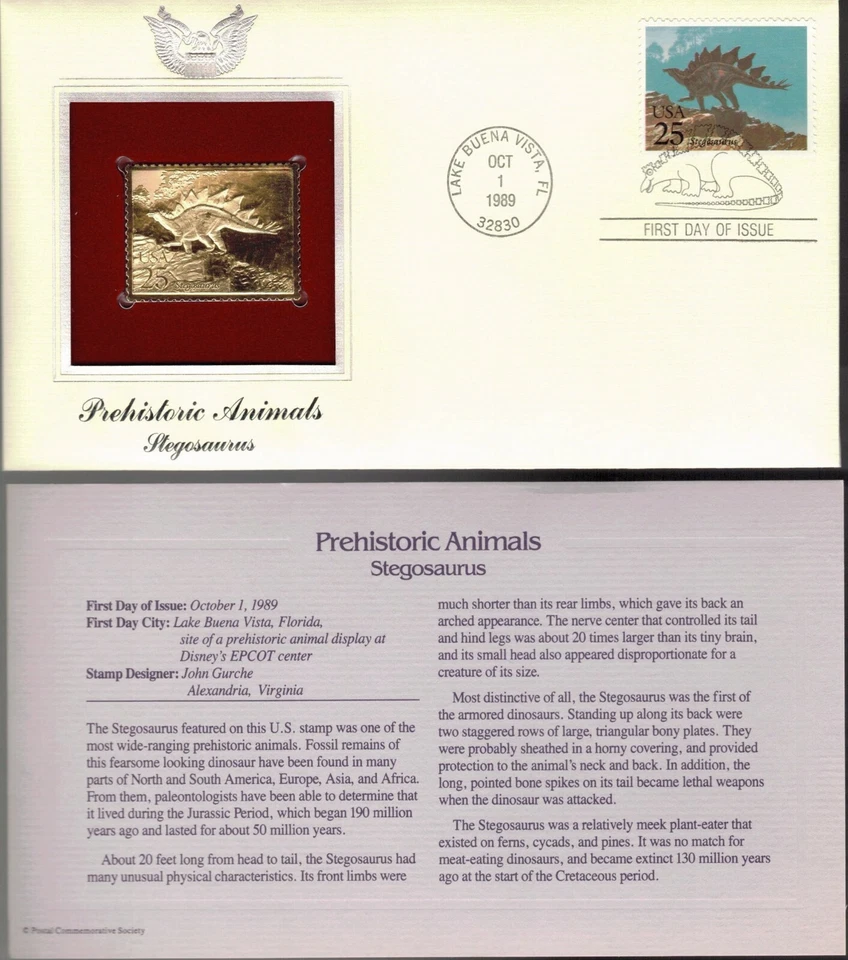Prehistoric Animals--Stegosaurus--1st day issue-Golden Replica - Image 1 of 1