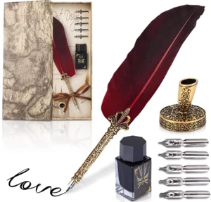 Feather Quill Pen and Ink Set - Calligraphy Dip Pen Antique Feather Pen Set - Picture 1 of 9