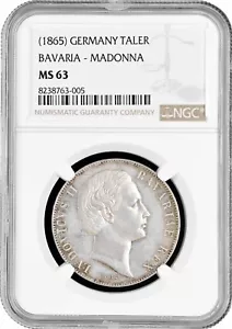Baviera 1 tallero ND (1865), NGC MS63, "Re Ludovico II (1864 - 1886)" moneta argento - Foto 1 di 4