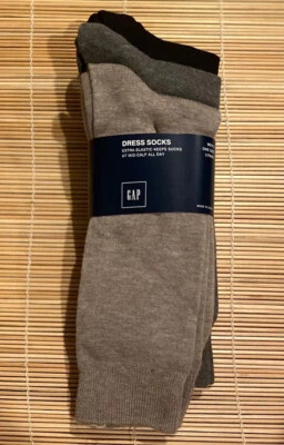 GAP SOCKS 3 Pairs MEN Dress Socks Extra Elastic Mid Calf ONE SIZE Black Gray Tan - Image 1 of 2