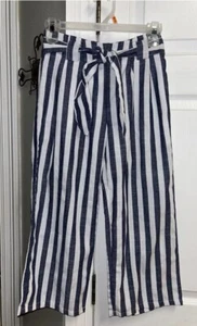 Gauchos Cropped Pants Girls Sz 10 Blue & White Stripe Wide Leg Belted SHEIN Crop - Picture 1 of 9