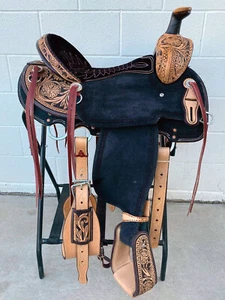 Western seat saddle 16"on eco-leather buffalo natural with black drum dye finish - Picture 1 of 4