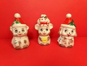 Keramik Weihnachtsglocken Set figürlich Vintage Urlaub Maus Hund Bär mit Nikolausmützen - Bild 1 von 10