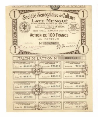 SENEGAL - Sté. Sénégalaise de Culture SA - Acciones de más de 100 francos, Kaolack, 1930 Foto 1 de 2