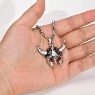 Viking Tribal Pagan Norse Head Helmet Pendant Necklace Stainless Steel +GIFT BAG - Image 1 of 4