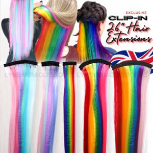  7 Colours Rainbow Clip - In Highlight Streaks 26" Long Hair Extensions 4" Wide - Picture 1 of 11