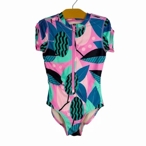 Traje de baño de una pieza Tea Collection para niñas talla 8 protector contra erupciones manga corta follaje - Imagen 1 de 8