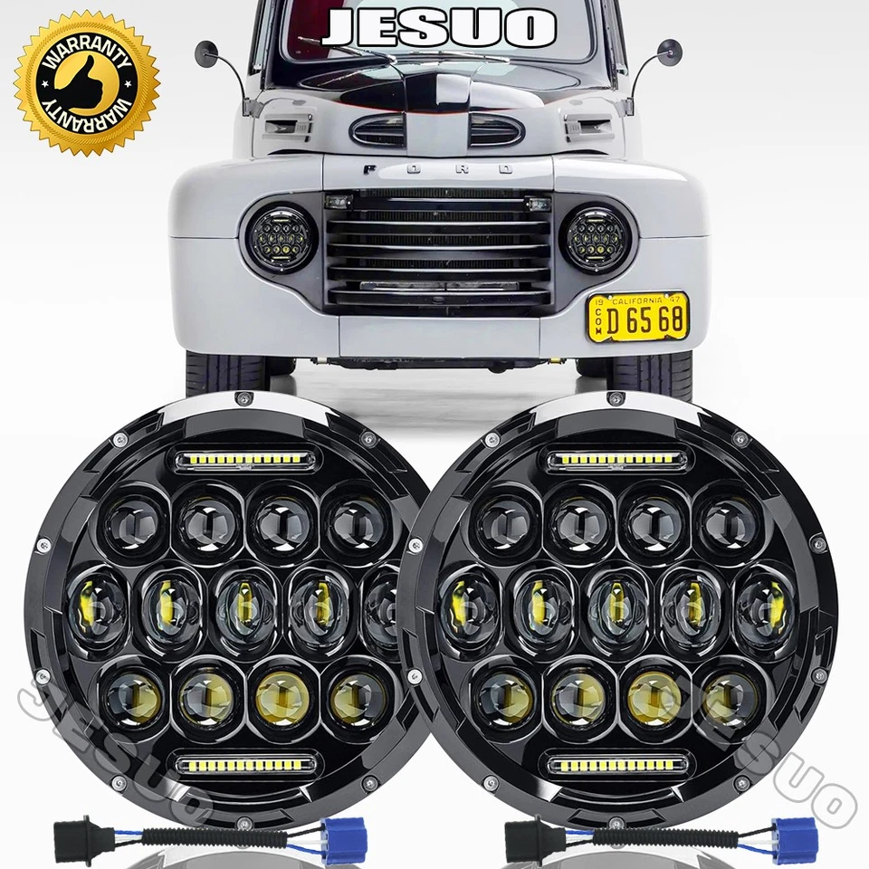 Pair 7" Inch Round LED Headlights DRL for Ford F1 1948 1949 1950 1951 1952 - Image 1 of 4