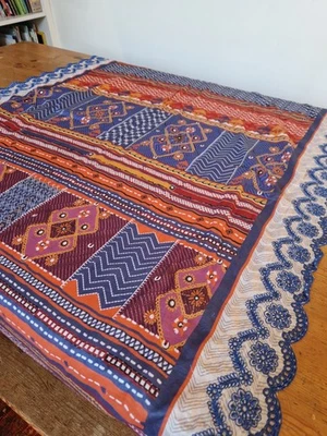 Boho Ethnic Tablecloth Runner Bohemian Decor Tassels Scallop Embroidered hem - Image 1 of 4