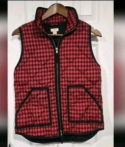 J. Crew XS Buffalo Check Plaid Puffer Vest Preppy Cabin Rosso Outdoor Old Money - Foto 1 di 5