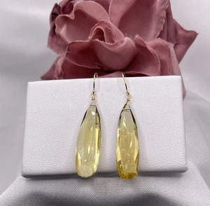 14K Solid Gold Citrine Earrings Natural Briolette Handmade Long Drop 30mm - Picture 1 of 14