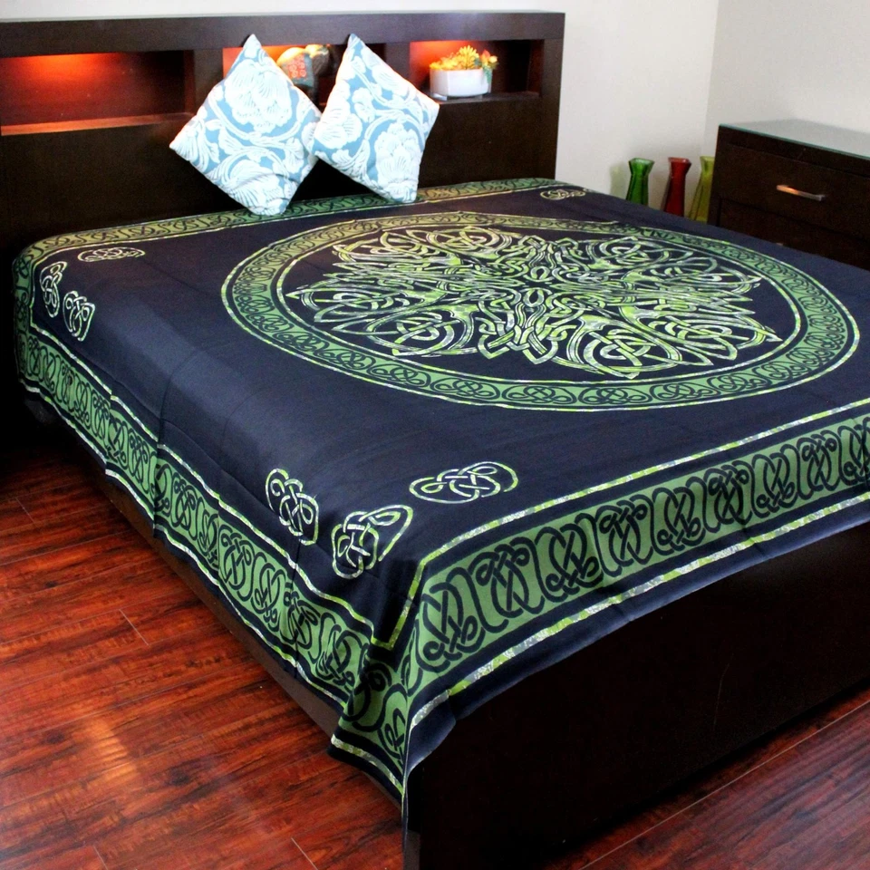 Cotton Celtic Circle Wheel of Life Tapestry Bedspread Bedsheet King Green Black - Image 1 of 1