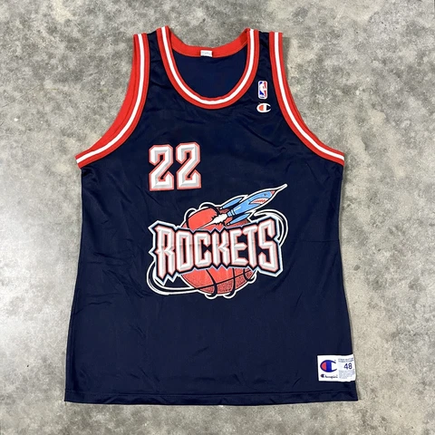 Vintage 90s Champion NBA Houston Rockets CLYDE DREXLER #22 Jersey Sz 48 Blue Cover