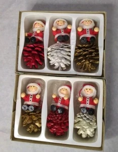 Vintage Handmade Wood Santas On Pinecone Decorations Lot of 6 - Bild 1 von 8