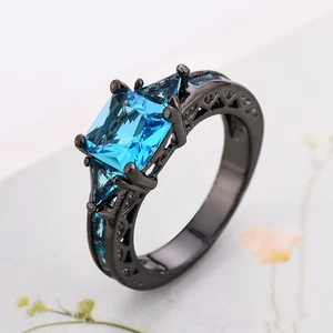 Anillo de compromiso azul cúbico de circón para mujer 10 quilates relleno de oro negro talla 7-10 - Imagen 1 de 7