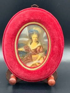 VTG French Hand Painted Portrait Picture Photo Frame Red Velvet Convex Glass - Picture 1 of 12