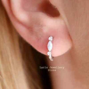 Minimalist White Opal Hoop Earrings in Sterling Silver, Crystal Gemstone Hoops - Picture 1 of 5