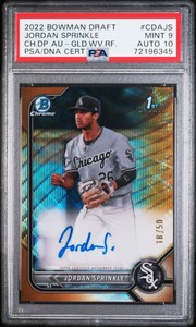 2022 Bowman Draft 1st Jordan Sprinkle Auto Gold #/50 White Sox PSA 9/10 Pop 1