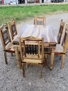 SOLID LIGHT BROWN CHERRY TREE DINING TABLES WITH TURNED LEGS & 6 CHAIRS - Picture 1 of 1