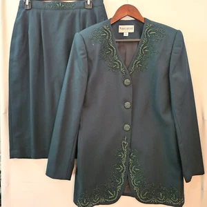 John Meyer Size 10 Lined 2pc Wool Skirt Suit Heavily Beaded Rich Mom Y2K Flaws - Picture 1 of 24