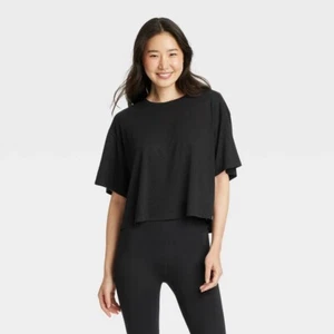 Women's Boxy Open Back Cropped Short Sleeve Shirt - JoyLab Black Size Small - Picture 1 of 1