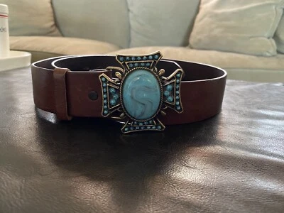 Cinturón para mujer Olga Santini talla L cuero italiano turquesa piedra cruz cinturón Foto 1 de 4