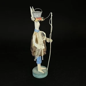 Vintage Folk Art Fly Fishing Rabbit Whimsical Handmade Figurine Candle Holder - Picture 1 of 8