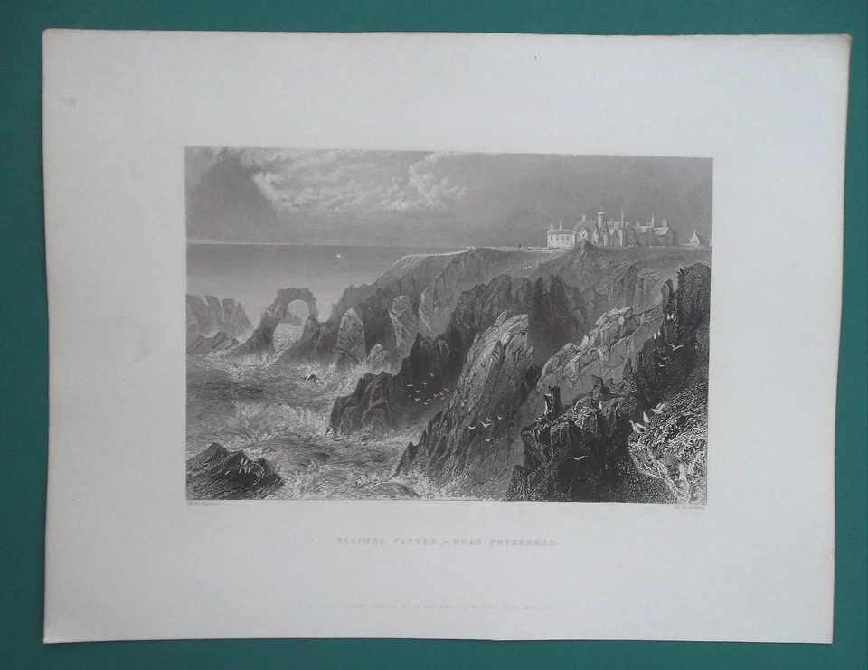 Castillo de Slaines de Escocia cerca de Peterhead - 1842 impresión antigua Bartlett Foto 1 de 1