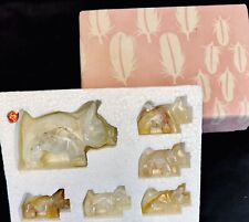6 Pc White Marble Onyx Pig  & Piglet Figurine Boxed Set