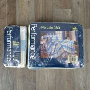 Vintage Performance Pastel Blue Plaid Twin Sheet Set w/ Pillowcases Made in USA - Picture 1 of 5