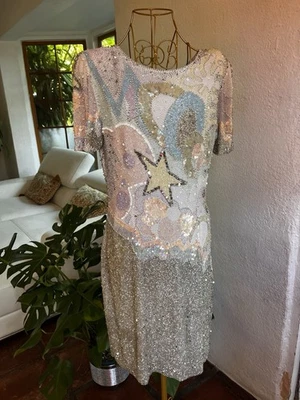 Vintage Oleg Cassini Black Tie sz 8 sequins & beaded short sparkle party dress - Image 1 of 4