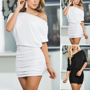 Kleid Slim Fit Halbarm Schulterfrei Oversize Plissee Einfarbig Freizeit Sexy - Picture 1 of 14