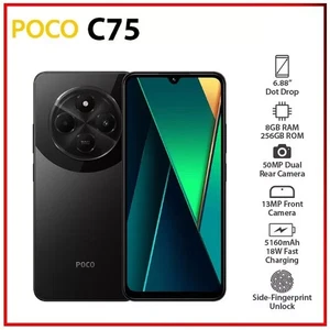 (New) Xiaomi POCO C75 8GB+256GB BLACK Dual SIM Unlocked Android Mobile Phone - Picture 1 of 3