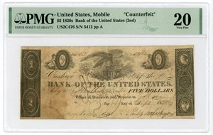 1828 $5 Bank of the United States (2nd) - Mobile, ALABAMA (CTFT.) Note PMG VF 20 - Picture 1 of 2